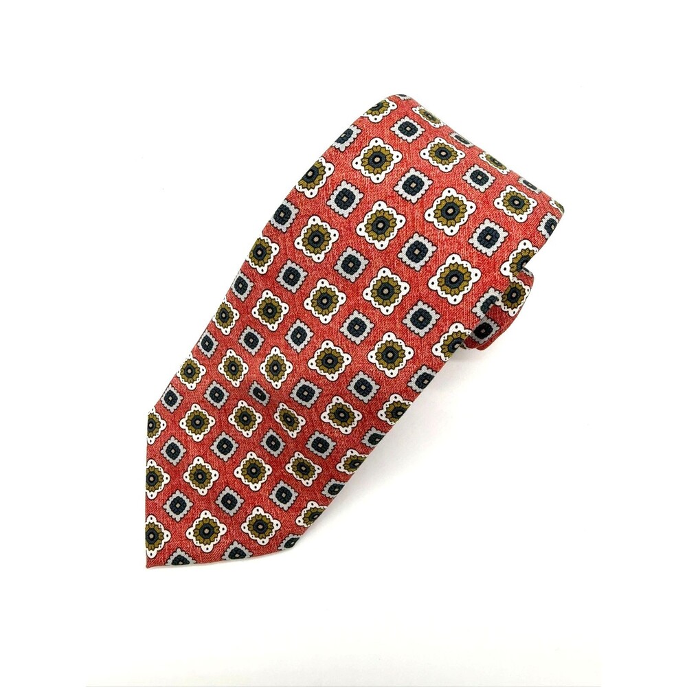 CREMIEUX Tie Men's Red Geometric Medallion Silk Cotton Blend Made in Italy Long